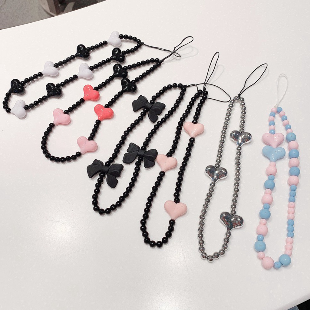 Phone Strap Sweet Love Heart Black Beaded Candy Color Silver Bead Thick Chain Bowknot Cellphone