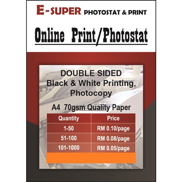 (0.05sen/Page) Online Printing A4 Black & White Double Sided Print