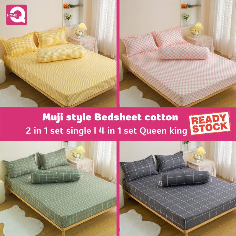 Muji style Bedsheet cotton 4in1 bedding set King Queen Super Single