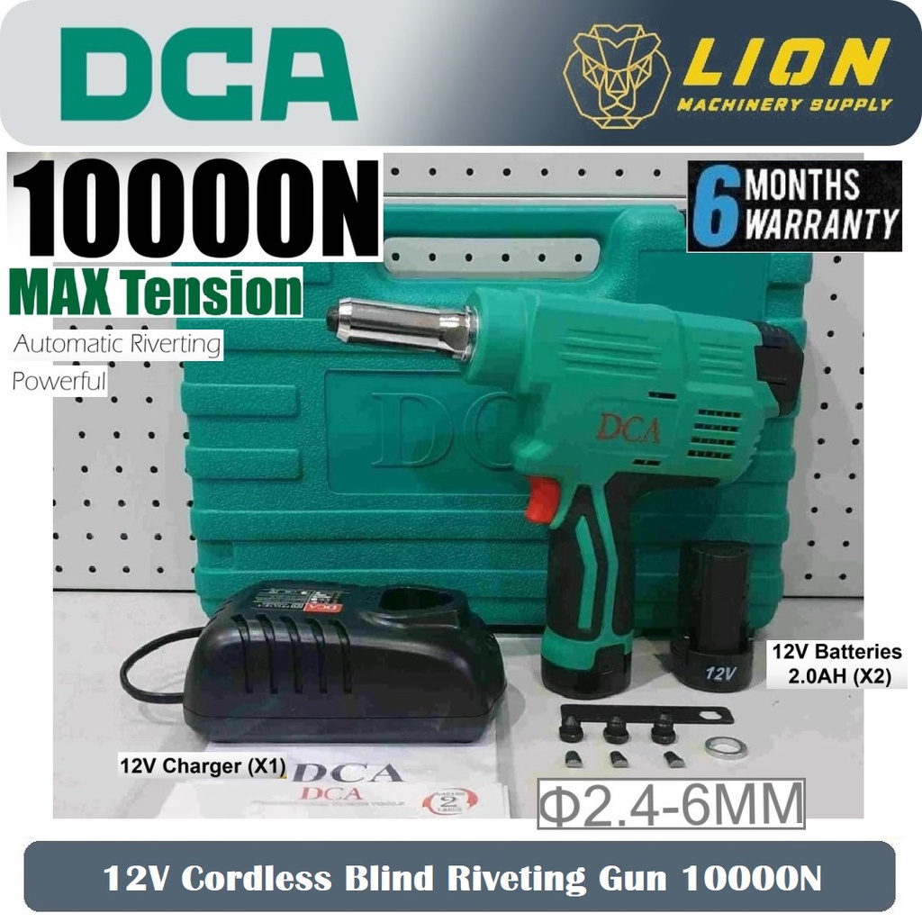DCA 12V Cordless Blind Riveting Gun 10000N ADPM50 with 2pcs Batteries ...