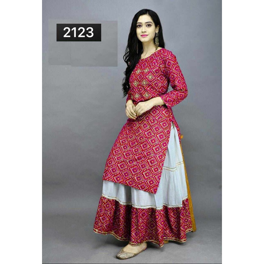 Traditional Wear Kurti With Skirt Bandhani Printed With Button Work