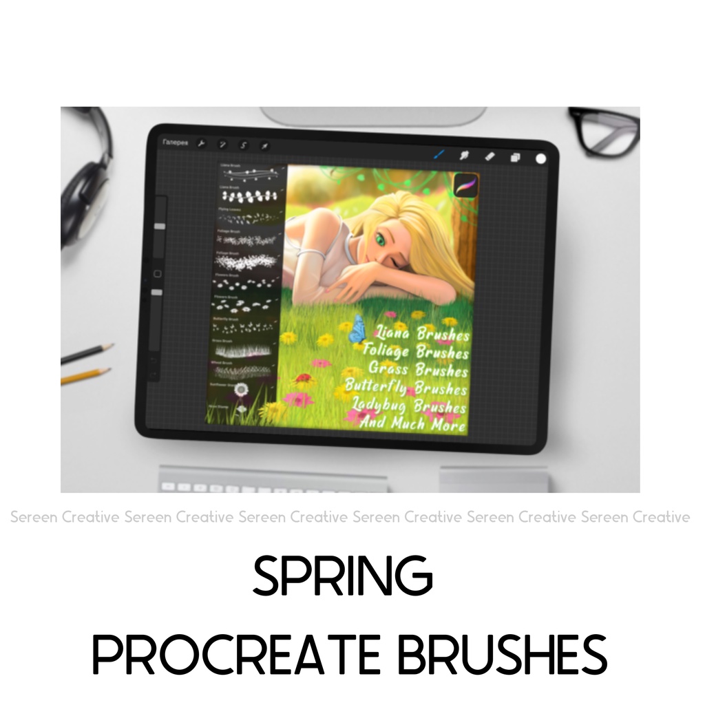 P32 Spring Procreate Brushes Stamps (Lianas, Foliage, Flowers, Insects ...