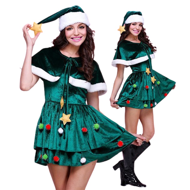 Lady Velvet Christmas Cosplay Dress Sexy Xmas Tree Clothing Cloak Santa Claus Costume Green Elf ...