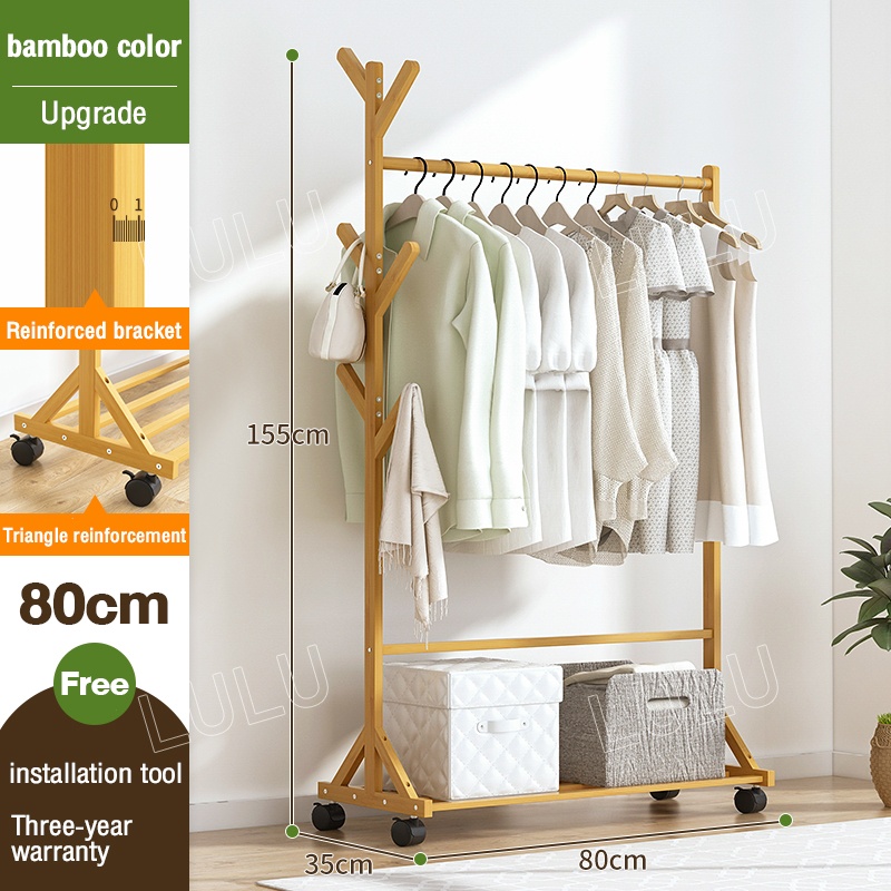 LULU Bamboo Clothes Rack Rak Baju With Wheels Hat Coat Rack Clothes