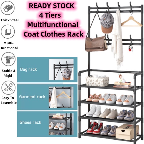4 Tiers Multifunctional Coat Rack Hat Clothes Hanger Shoes Rack ...