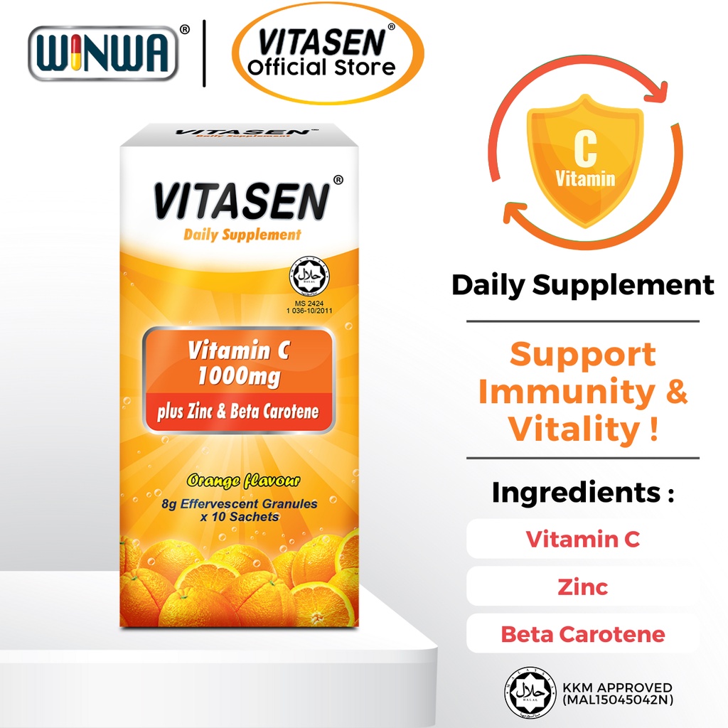 VITASEN Vitamin C 1000mg Plus Zinc & Beta Carotene Effervescent Sachet For Immunity & Eye