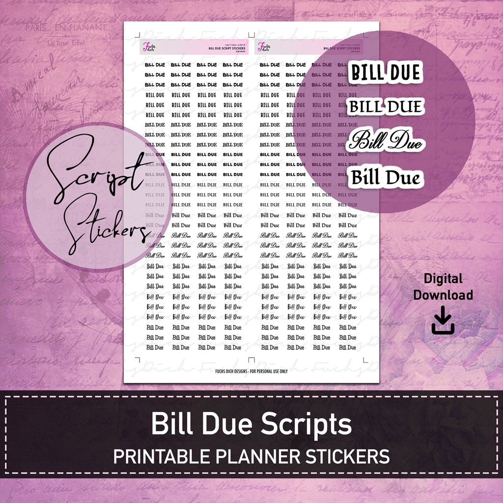 FuchsDich Printable BILL DUE Scripts Stickers | PDF File | Planner ...