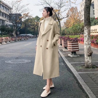 Wool coat women long winter jacket black stitching plaid Hepburn style long  waist high-end coat