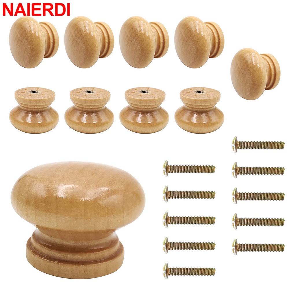 NAIERDI 10 Pack Wood Round Knobs and Handles Natural Wooden