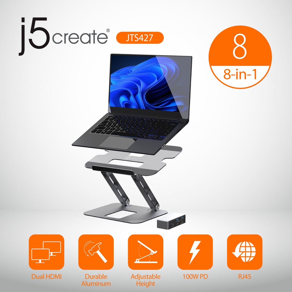 j5create JTS427 8in1 Dual 4K Display Laptop Stand Equipped with a USB