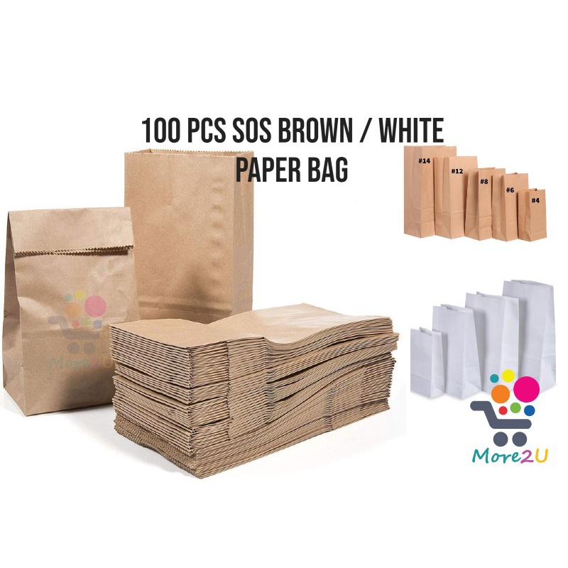 5 Sizes 100pcs Brown And White Sos Kraft Paper Bag T Bag Food Grade Take Away Bag Beg 