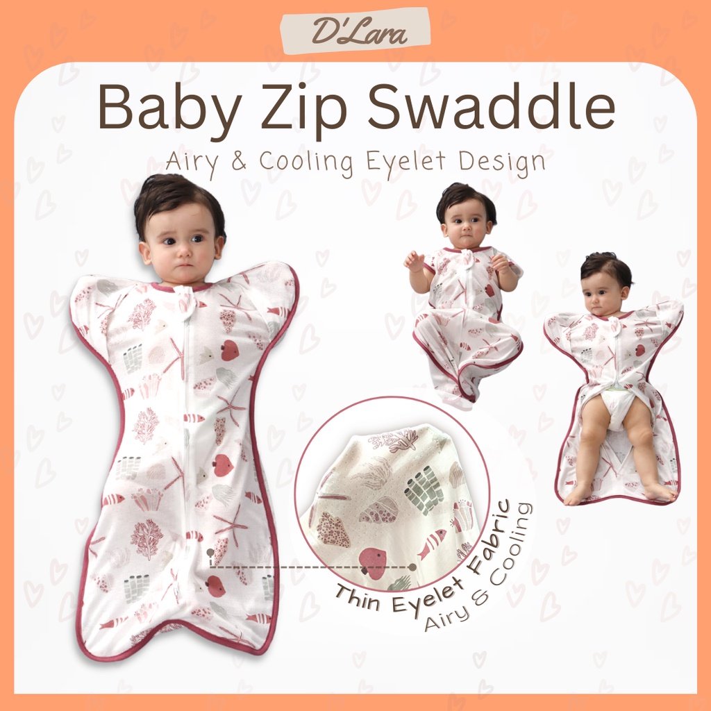 D'LARA Eyelet Cotton Baby Zip Swaddle Arms Up with Foldover Mitten