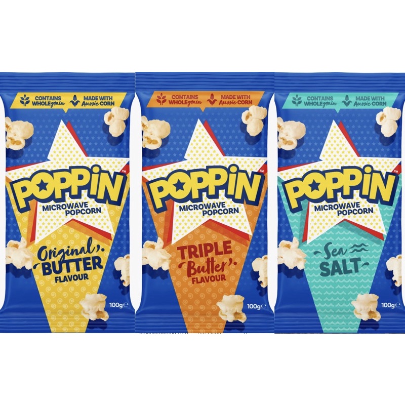 Poppin Microwave Popcorn Sea Salt/ Butter/ Triple Butter Flavour 100g
