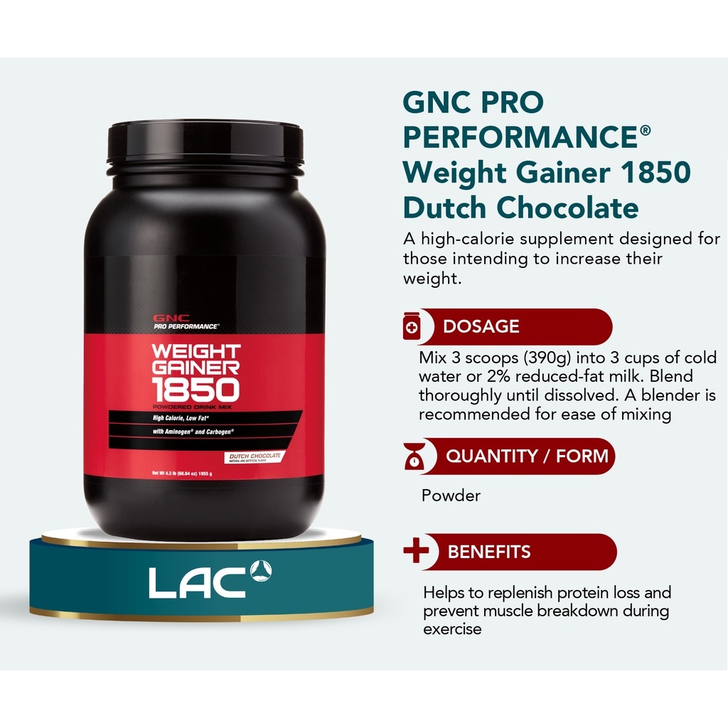 GNC PRO PERFORMANCE WEIGHT GAINER lac 100 PREMIUM MASS GAINER, 18LBS naik berat badan gain