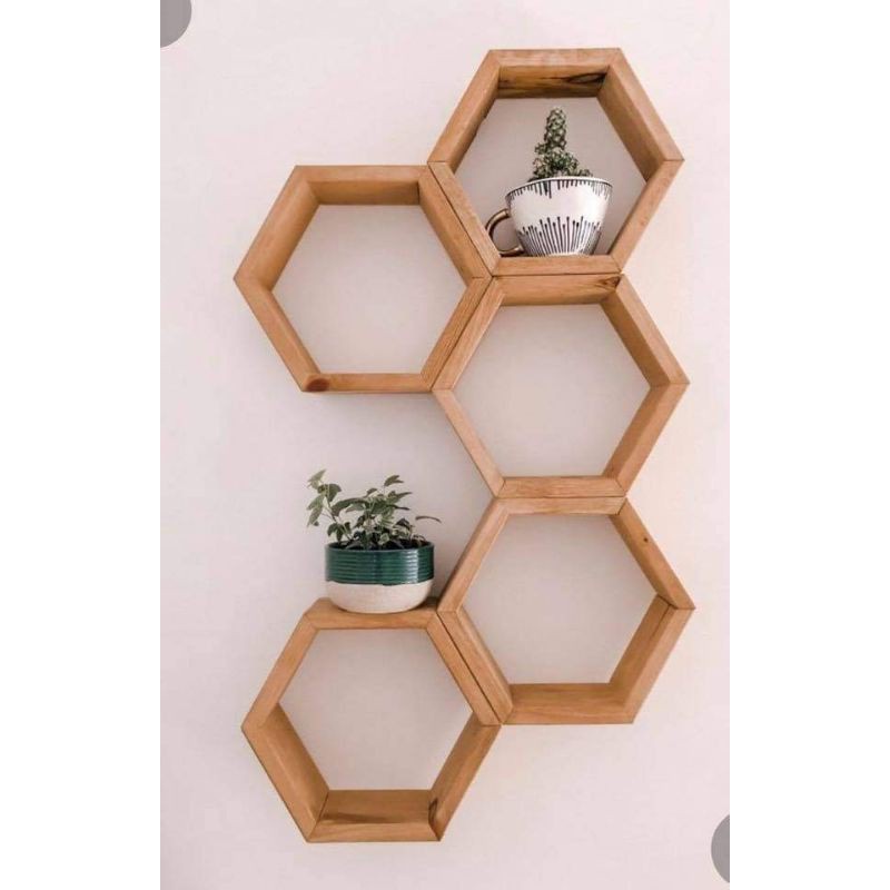 Hexagon Wood Wall Shelf Decoration Frame Flower Rack (11cm x 11cm x 5cm