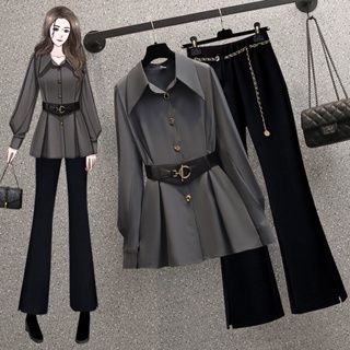 Women's Fashion Casual Outfits Clothes Set 2-Piece Solid Color V-Neck  Ruffles Patchwork Long Sleeve Coat Pants Women Trendy Stylish Clothing  Suits