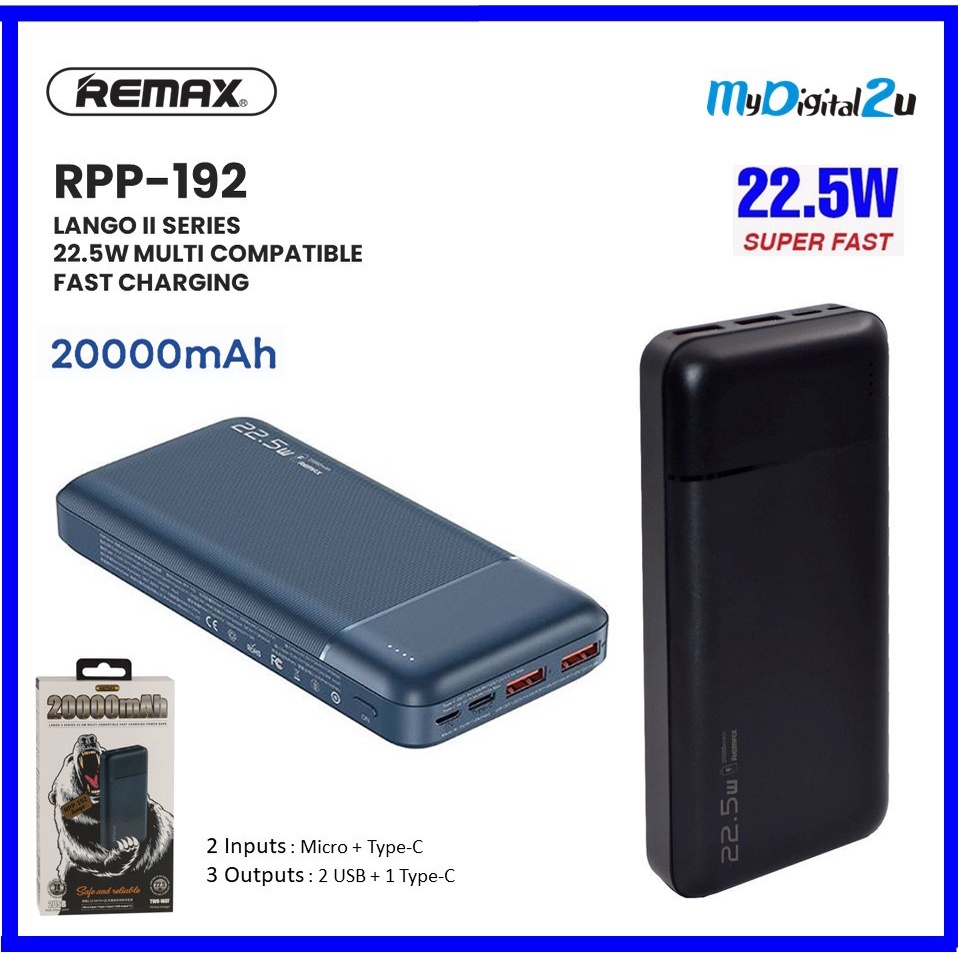 Remax RPP-192 22.5W PD+QC Powerbank Type-C Fast Charging 20000mAh PD ...