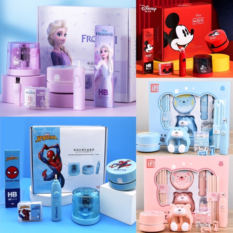 🐳Cartoon Automatic Stationery Electric Pencil Sharpener Vacuum Cleaner Duster Eraser Set Gift