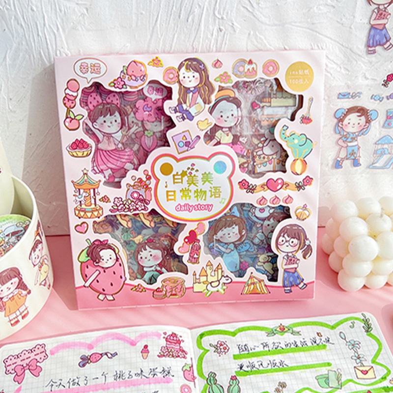 100 Sheets Boxed Cute Cartoon Girl Daily Story Stickers Student Diary ...