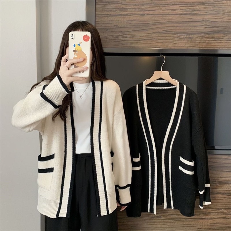 Mid-Length Front Pocket Knitted Cardigan Outerwear V-Neck Long Sleeve ...