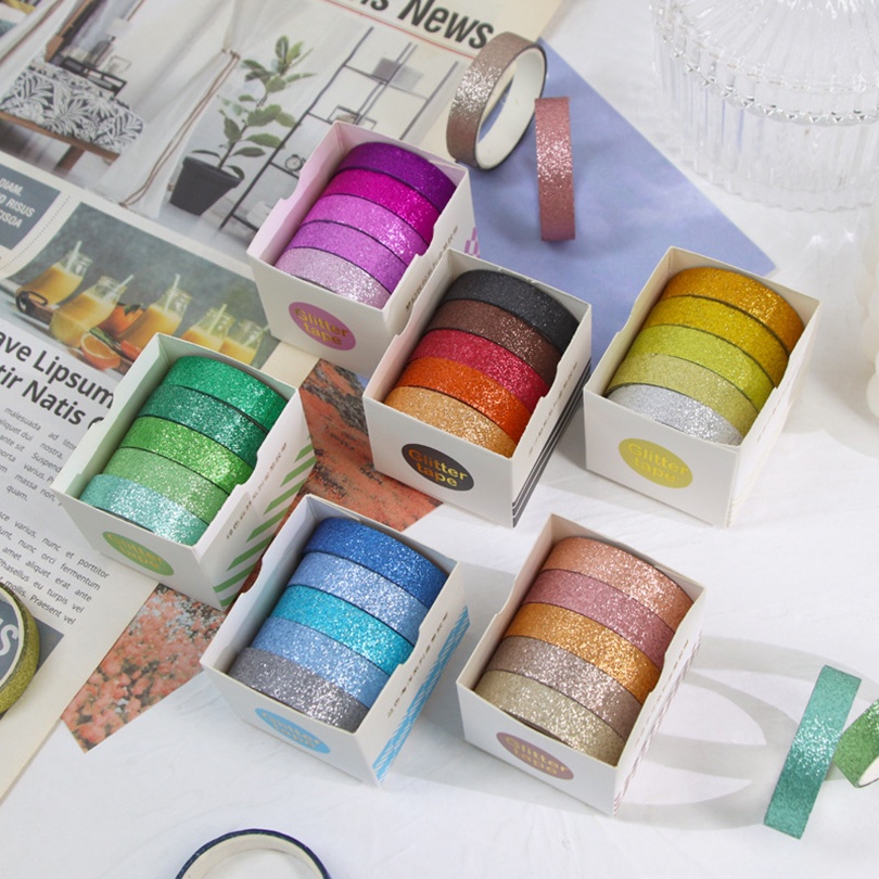 5Rolls/box Glitter Washi Tape Set Basic Masking Tape Journal Supplies