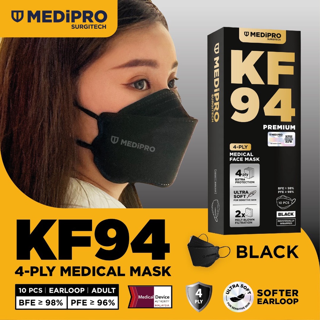(BUY 3 FREE 1) [4PLY BLACK] MEDIPRO SURGITECH PREMIUM 4PLY MEDICAL FACE