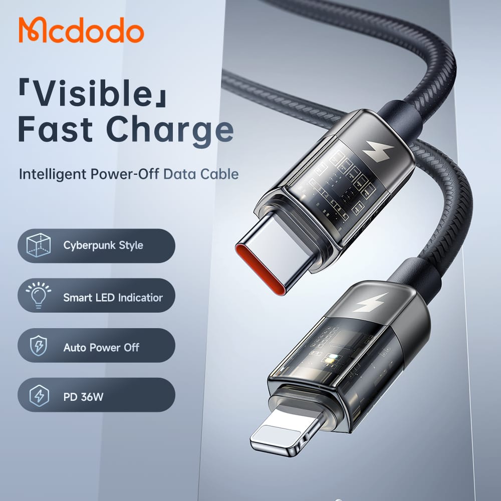 MCDODO CA-3160 36W Auto Power Off Transparent PD USB Data Cable Type C To  iP Super Fast Quick Charging LED Indicator