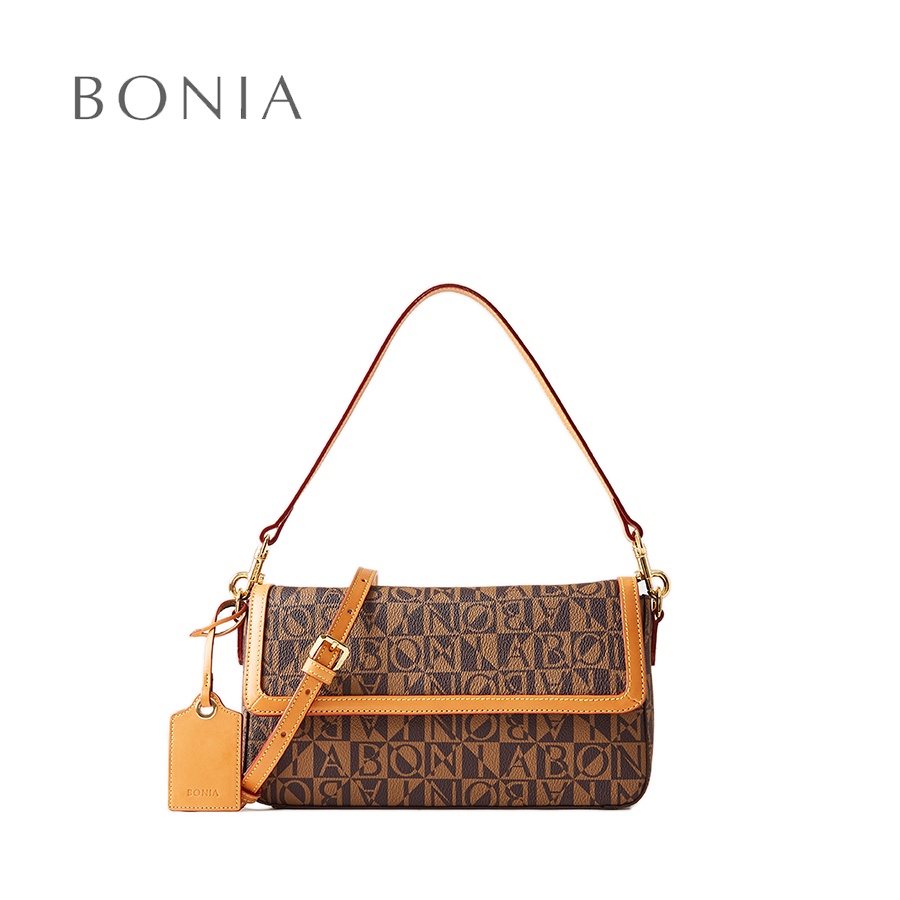 Bonia Dark Brown Monogram Structured Satchel Sling