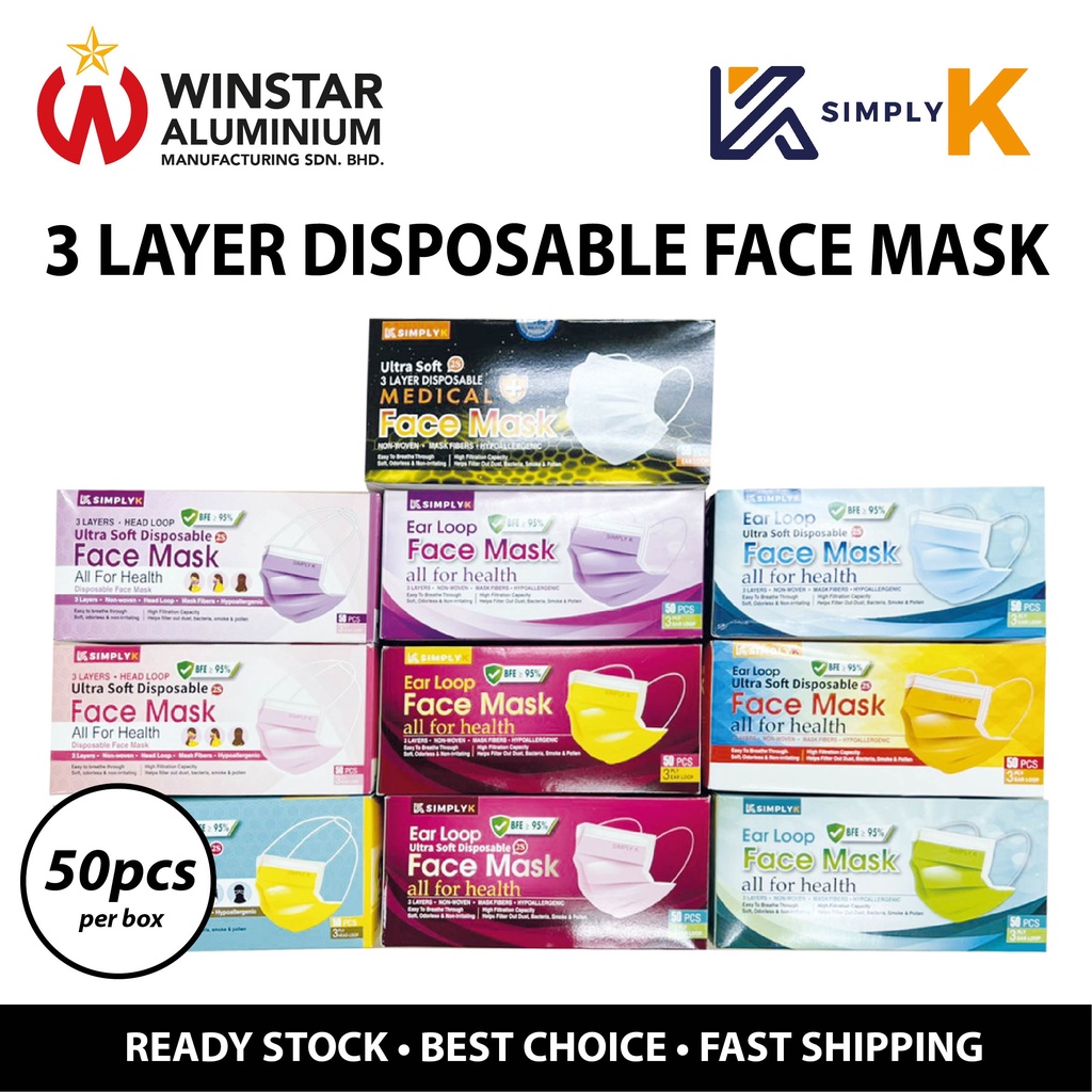 Clearance Offer Simply K 3 Ply Ear Loop Head Loop Disposable Face Mask Adult Per Box 50pcs 2988