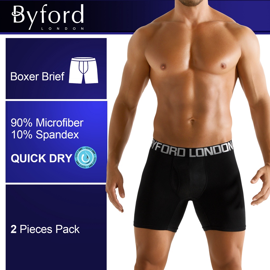 (2 Pcs) Byford Mens Microfibre Spandex Boxer Brief Underwear Assorted