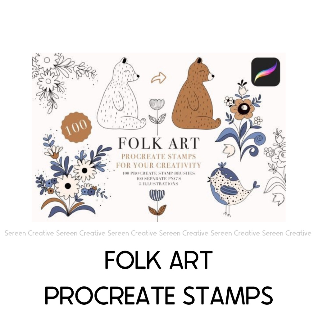 P102 Folk Art Procreate Stamp Brushes Clipart (Floral flower pattern ...