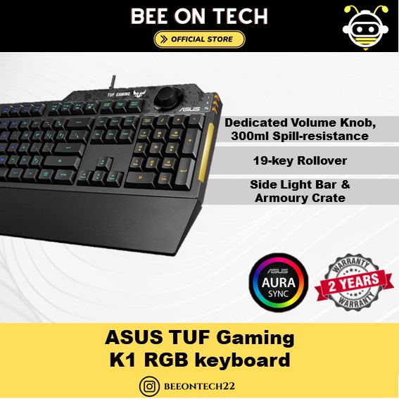ASUS TUF Gaming K1 RGB keyboard with dedicated volume knob, spill