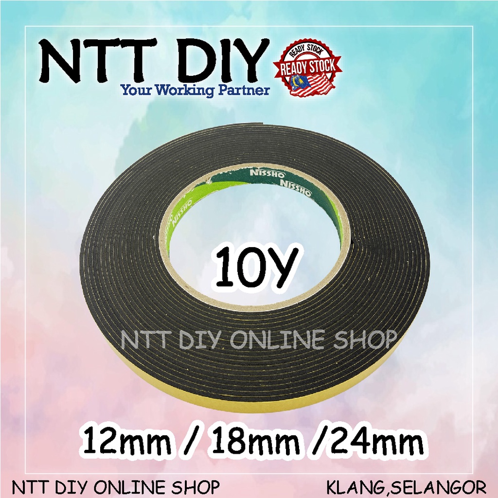 NTT DIY NISSHO Double Sided Foam Tape 12mm / 18mm / 24mm Black 8meter [ Ready Stock ] Shopee