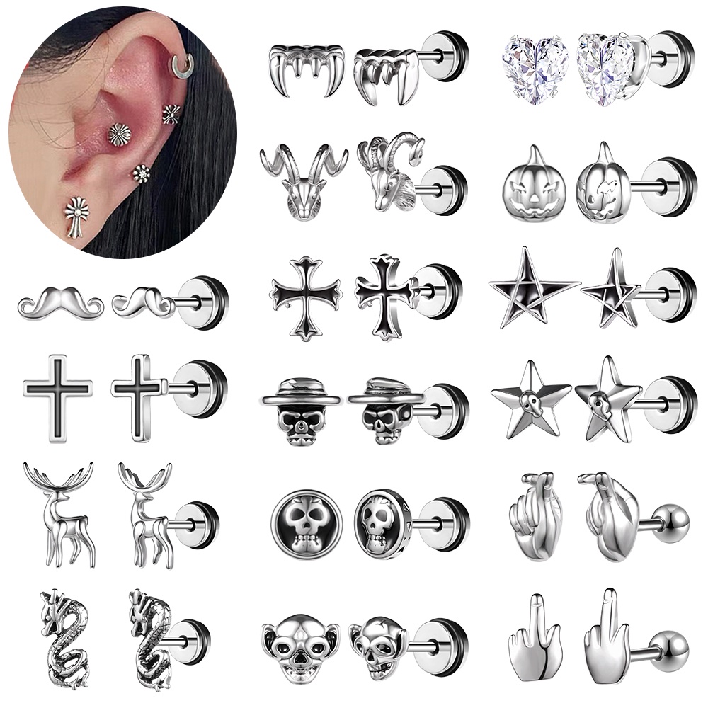Fusamk Punk Titanium Steel Skull Stud Earrings - Hip Hop Body Jewelry For Piercing & Teens