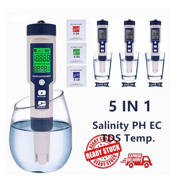 5 in 1 tds/ec/ph/salinity/temperature Meter Water Quality Tester ...