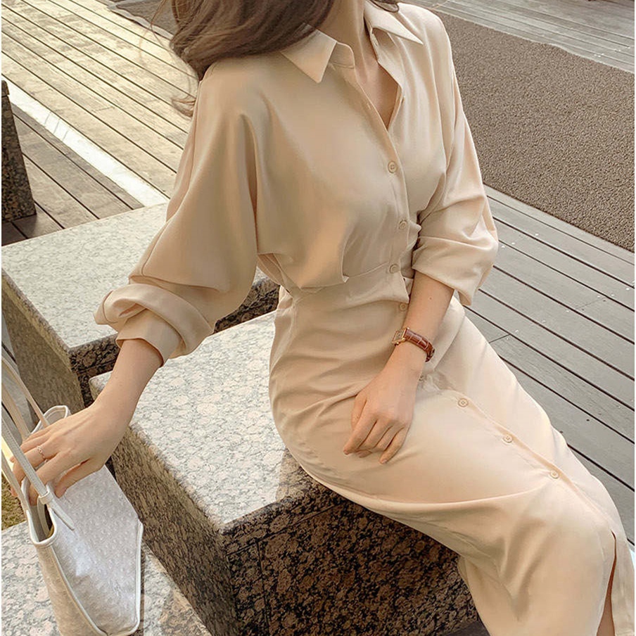 Korean Style Waist Slim Fit Casual Solid Color A-line Long Sleeve Midi ...
