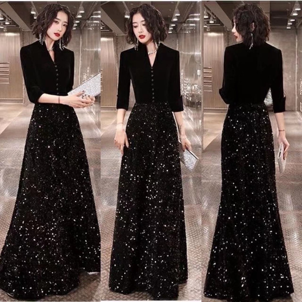 Elegant Dress With Sequined Top And Pleated Skirt - Black