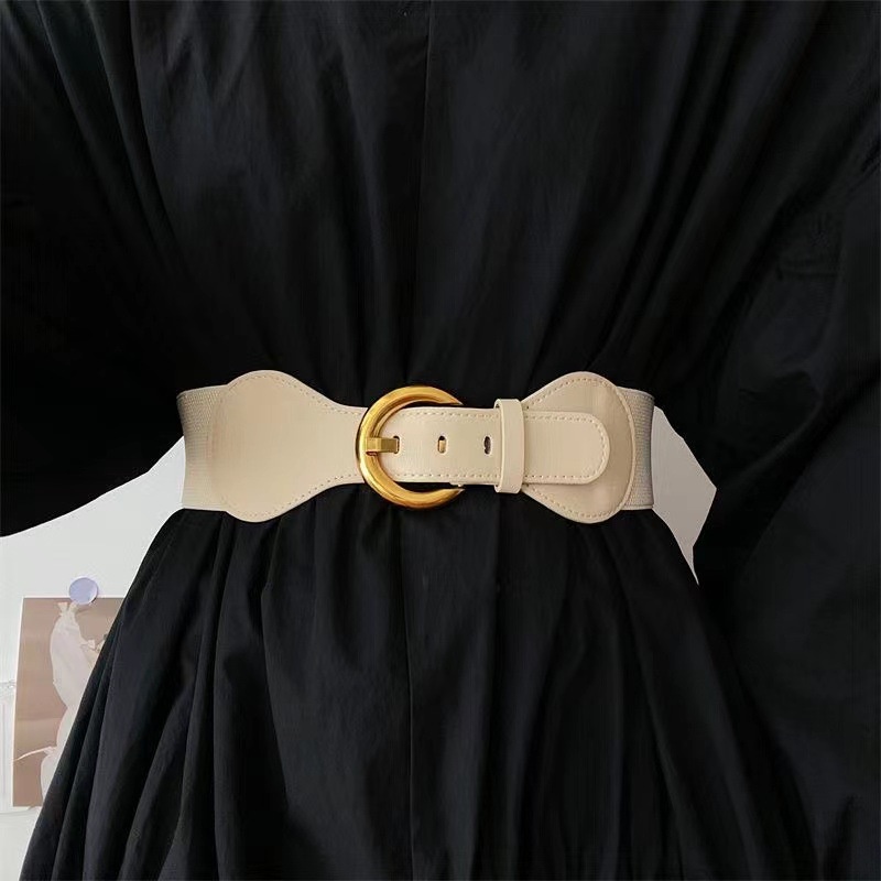 Fashion Elastic Women's Belt Golden Buckle Wide Waist Belt Dress Coat