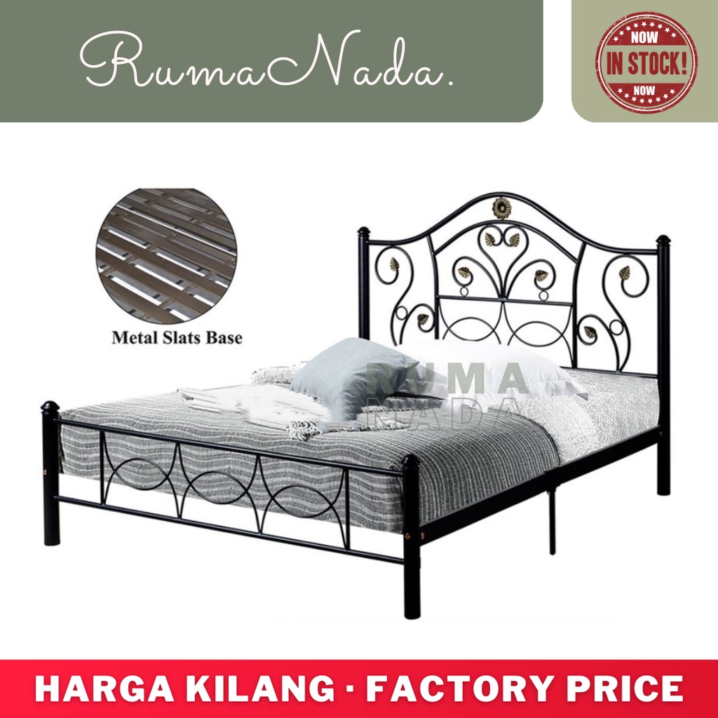 Matte Black Slat Base Metal Queen Bed / Double Bed Bedroom Furniture ...