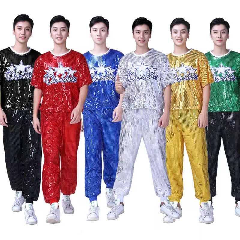 Men gold sequin short sleeve T-shirt silver shiny loose Pants suit hiphop  dance performance costume bling Tops 400