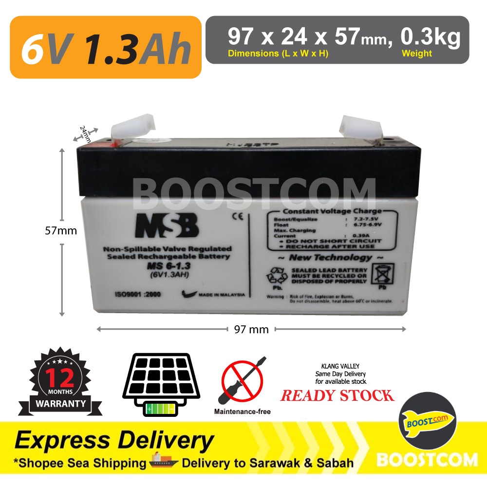 MSB 6V 1.3 AH 1.3AH Sealed Lead Acid Battery Bateri For Solar UPS MS 6 ...