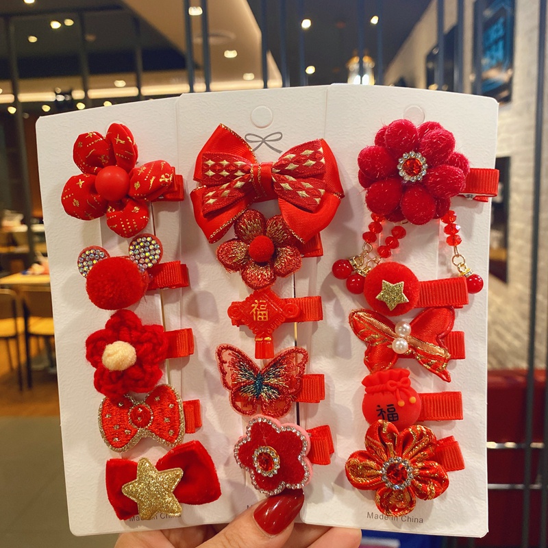 5PCS Chinese Style Kids Cloth Hair Clips Baby Girls Cute Bowknot Princess Hair Pins Red