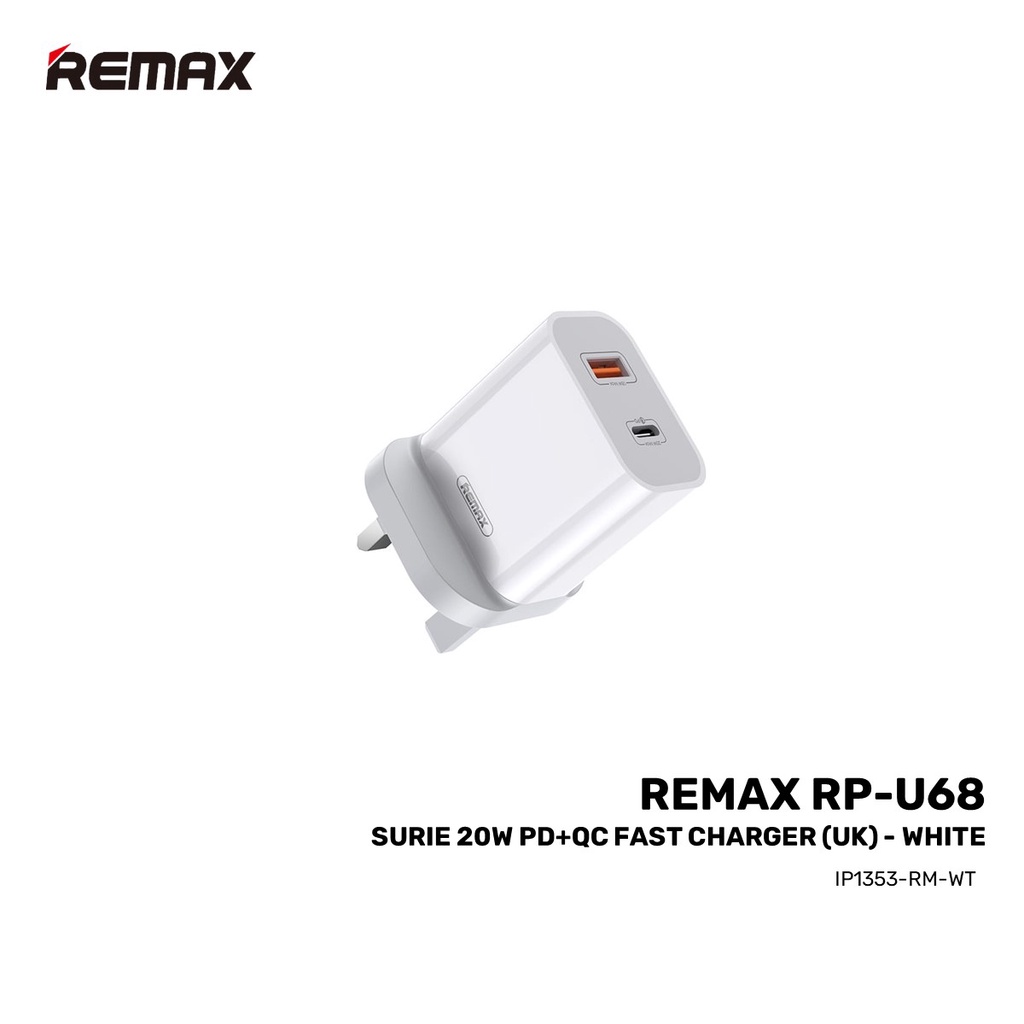REMAX RP-U68 SURIE 20W PD+QC FAST CHARGER (UK) | Shopee Malaysia