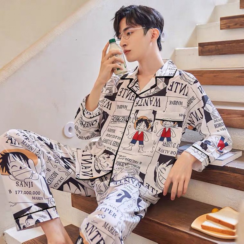 One Piece Anime Pajamas Cartoon Long Sleeve Trousers Ice Silk Pajamas Men's  Homewear Suit