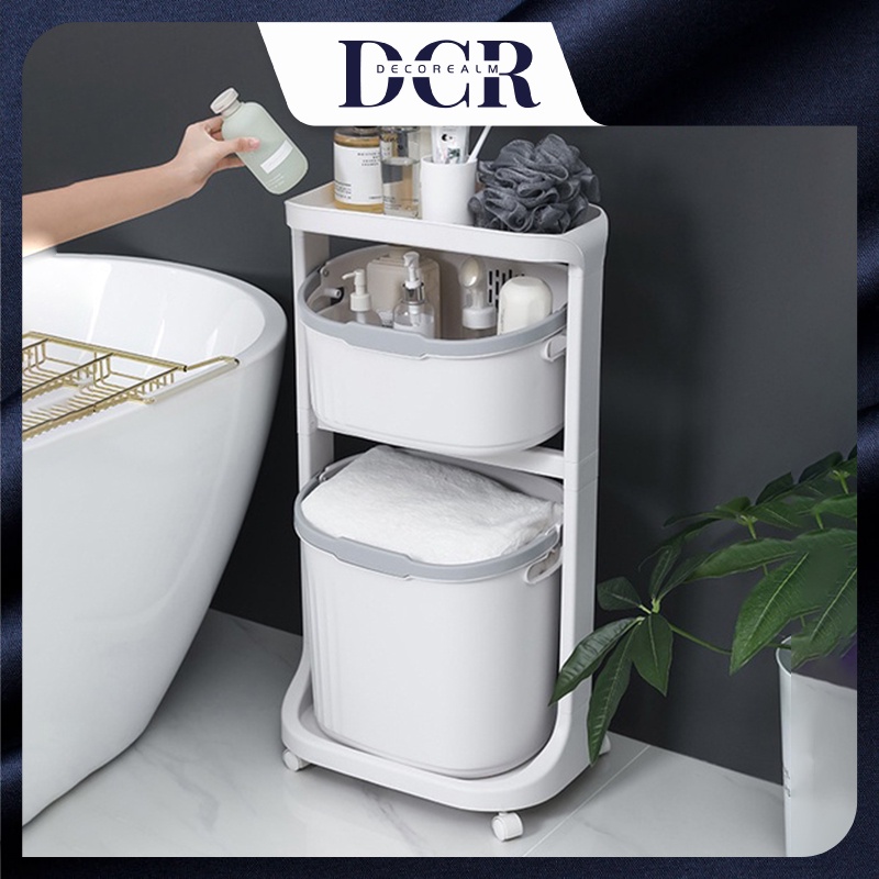 DCR 2/3 Tier Bathroom Storage Basket Laundry Basket Trolley With Wheel ...