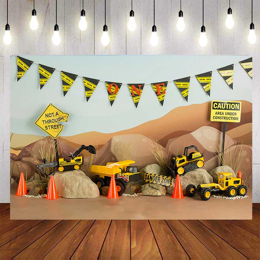 3D Construction Theme Wall Background Yellow Trucks Boy and Girl Object