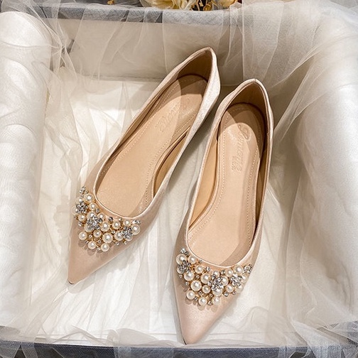 Wedding Shoes Women Bridal Shoes Satin Pearl Rhinestone Pointed Toe Flats Shoes Bridesmaid shoes Shallow Mouth Plus Size Flat Shoes Size 33 44 Shopee Malaysia