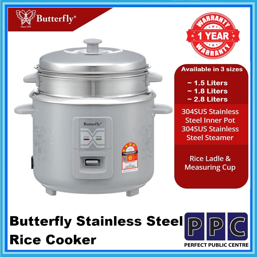 BUTTERFLY Stainless Steel Rice Cooker with Steamer BRCSS150/ BRCSS180