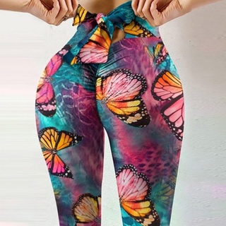 Fashion Women'S High Waist Yoga Pants Printed Tie Up Hip Lifting Sports  Fitness Leggings Casual Leggings