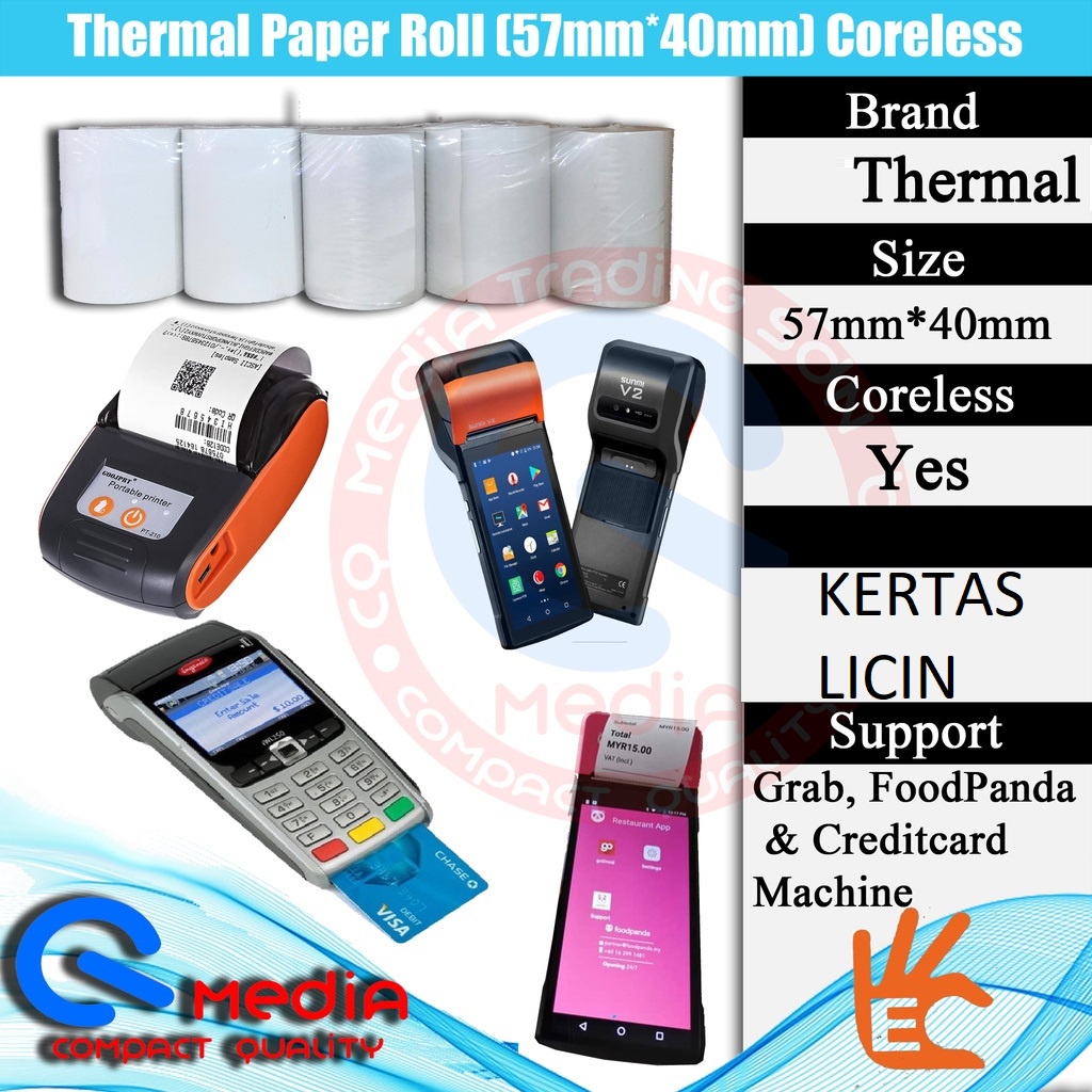 Thermal Paper Roll 57mm X 40mm CORELESS Kertas Receipt Foodpanda Food Pand 57x40 Shopee Malaysia